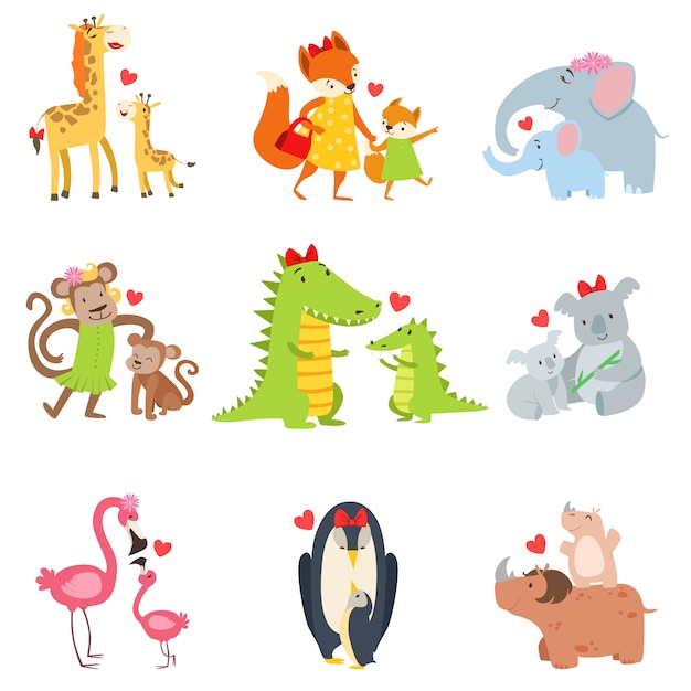 Vector small animals and their moms illustration set