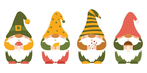 Vector small autumn punchy forest gnomes in caps who hold mushrooms, twigs, berries in hands.