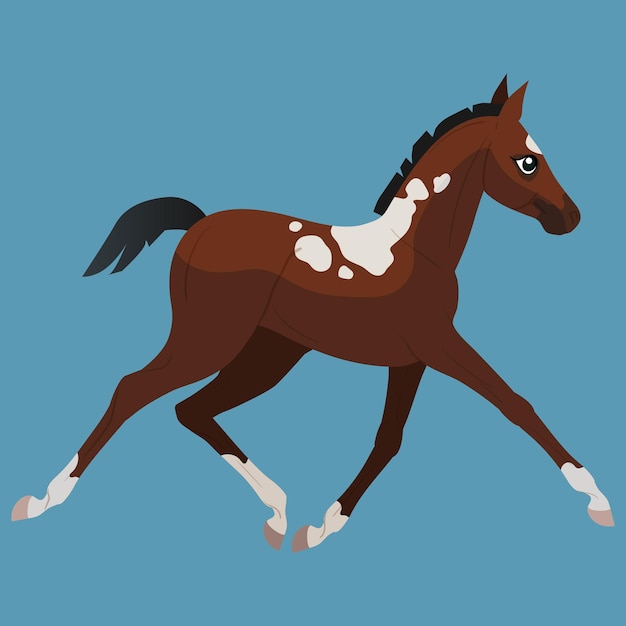 Vector a small bay pony with spots runs at a trot. horses icons flat style. vector isolated illustration.