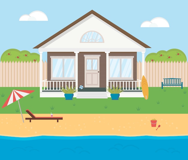 Vector small beach house. shore of sea, river, lake. summer theme. wooden building for vacation. cozy residential house.