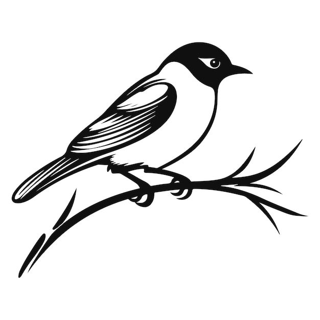 Маленькая птичка сидит на ветке Монохромный векторный рисунок на белом фоне
