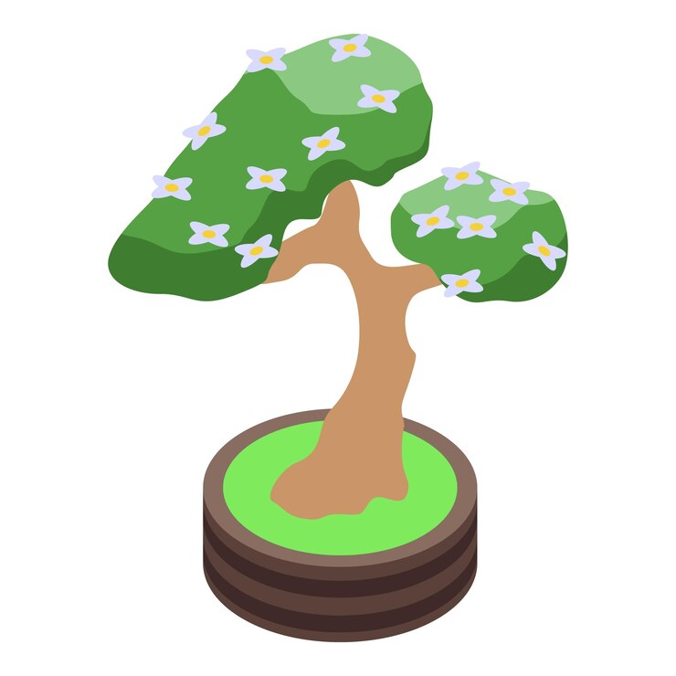 Vector small blooming bonsai tree is growing in a pot