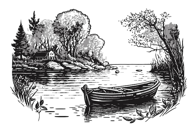 Premium Vector  Small boat on calm water lake drawing sketched border of  trees in the background black color in sketch style vector illustratio