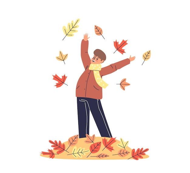 Premium Vector | Small boy playing with yellow autumn leaves happy kid ...