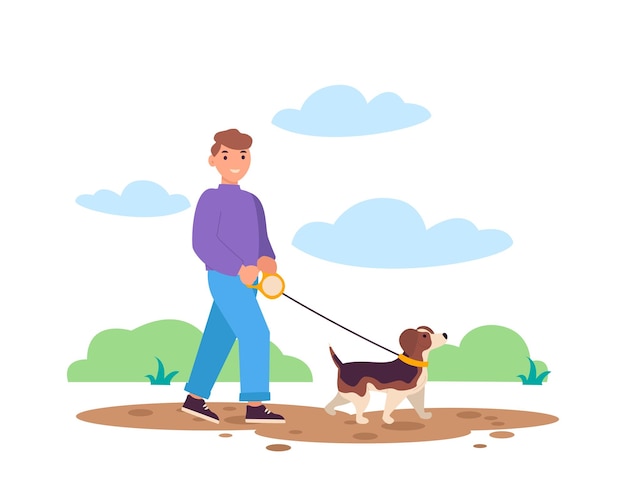 Small boy walking his dog They walk in the park Best friends Vector graphic