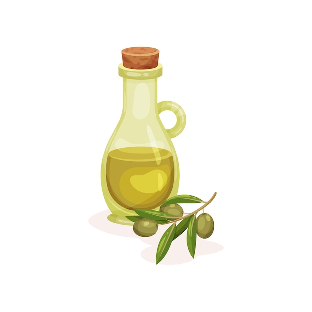 Small branch with green olives and glass bottle of oil Organic and healthy product Natural ingredient for cooking and skin care Detailed flat vector illustration isolated on white background