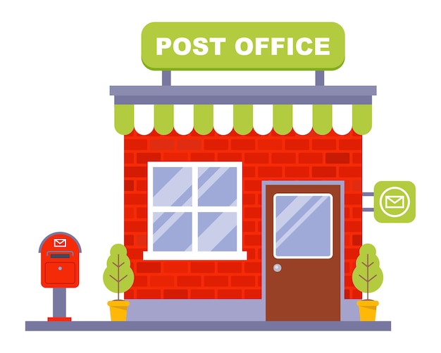 Small brick post office. flat vector illustration