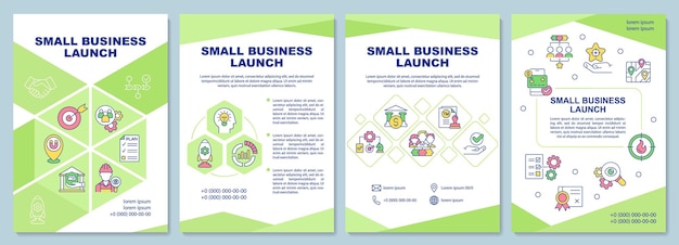 Modello di brochure del processo di lancio di piccole imprese. volantino, opuscolo, stampa di volantini, design di copertina con icone lineari. layout vettoriali per presentazioni, relazioni annuali, pagine pubblicitarie