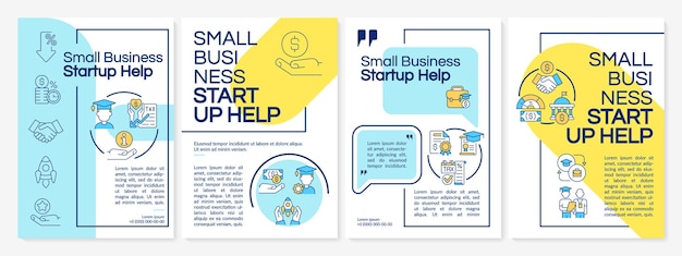 Small business startup help blue and yellow brochure template Financial grant Leaflet design with linear icons 4 vector layouts for presentation annual reports Questrial LatoRegular fonts used