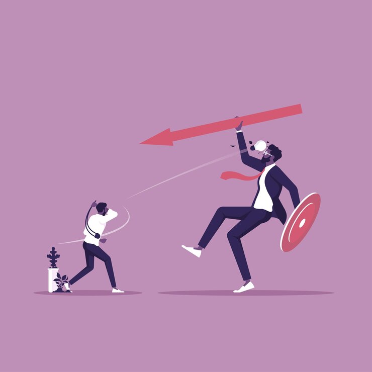 Vector small businessman use idea fighting against a big businessman