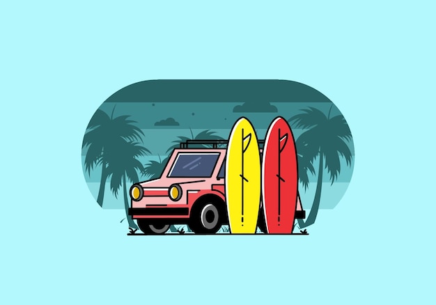 Иллюстрация маленького автомобиля и двух досок для серфинга