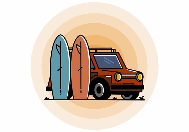 Vettore illustrazione di una piccola auto e due tavole da surf