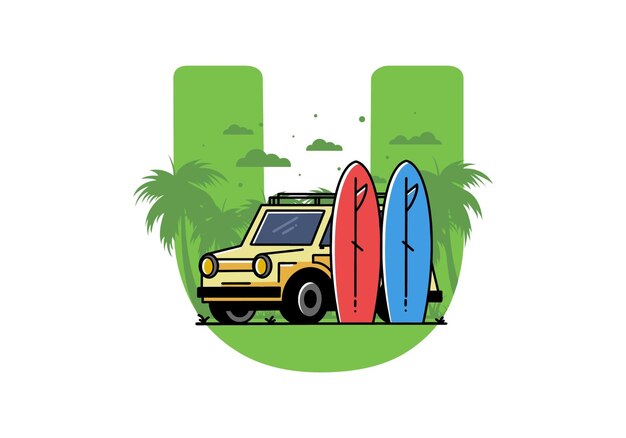 Illustrazione di una piccola auto e due tavole da surf