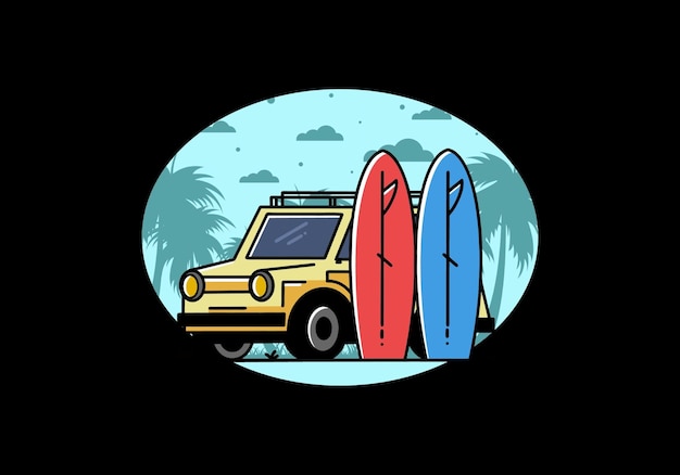 Illustrazione di una piccola auto e due tavole da surf