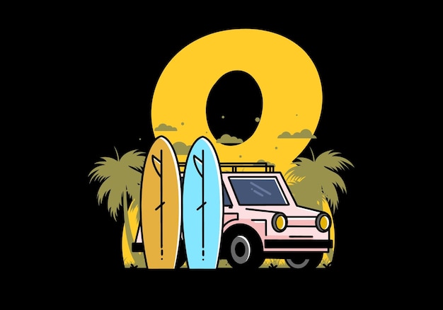 Small car and two surfboards illustration