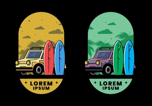 Small car and two surfboards illustration