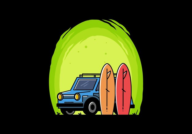 Illustrazione di una piccola auto e due tavole da surf