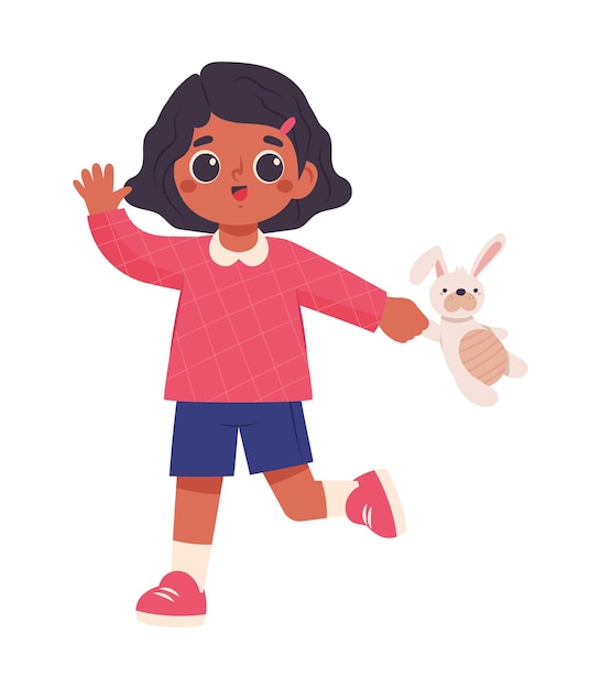 Small cartoon girl playing with joyful animal toys icon isolated