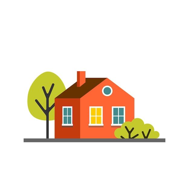Небольшой мультяшный красно-оранжевый дом с изолированными деревьями векторной иллюстрацией