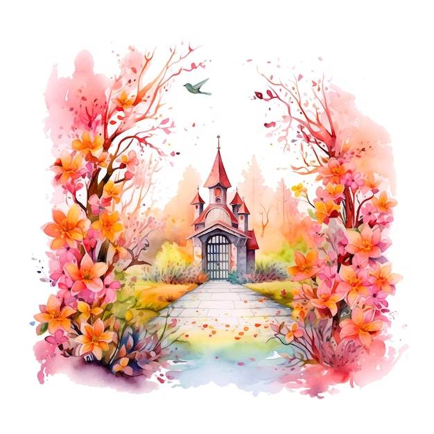 Vector small castle surrounded by flowers in nature watercolor paint