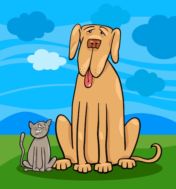 Small cat and big dog cartoon illustration