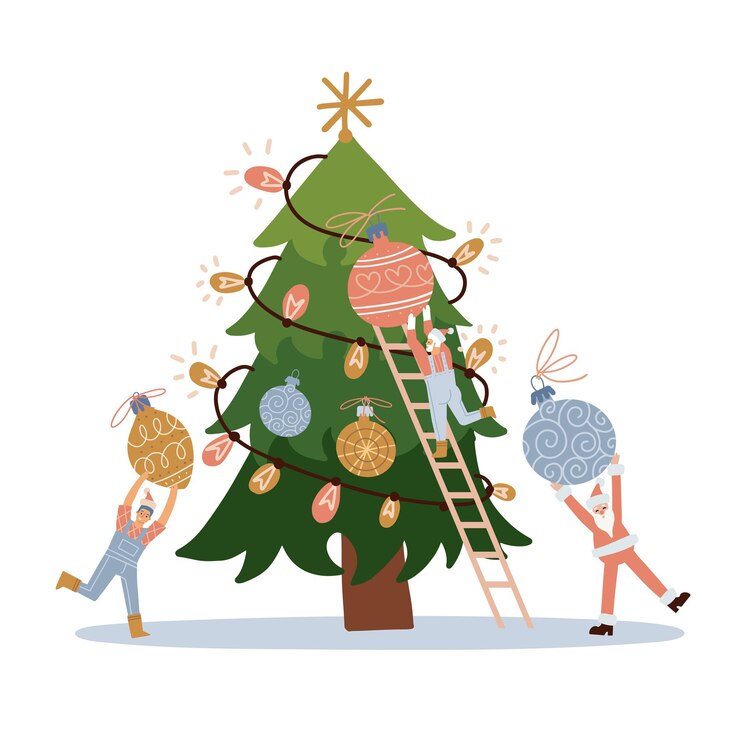 Vector small characters decorate christmas tree tiny people decorating xmas fir tree for celebrating new ye...