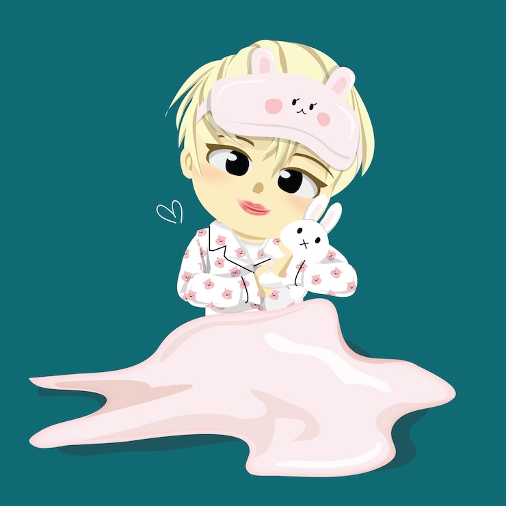 Vector a small chibi male character in cute character pyjamas holding a rabbit plushie