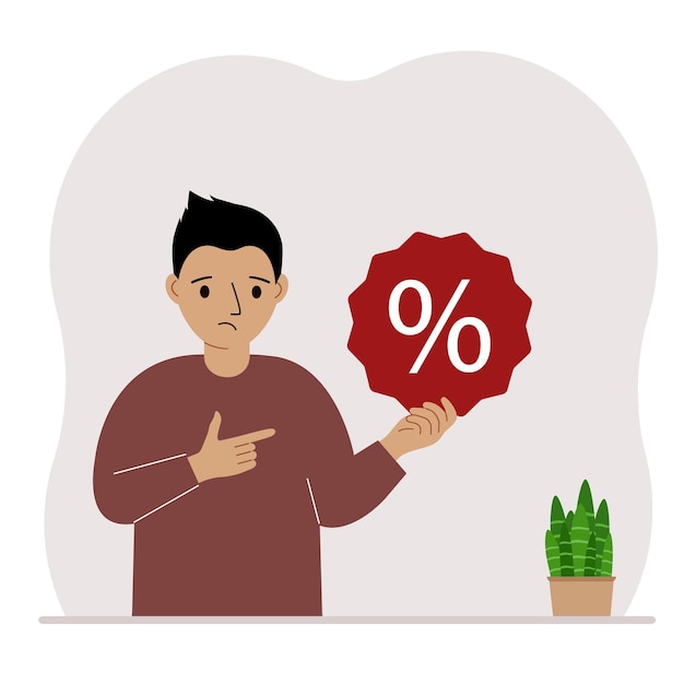 A small child holds a percent sign in his hand The concept of percentage discount promotion for training or shopping