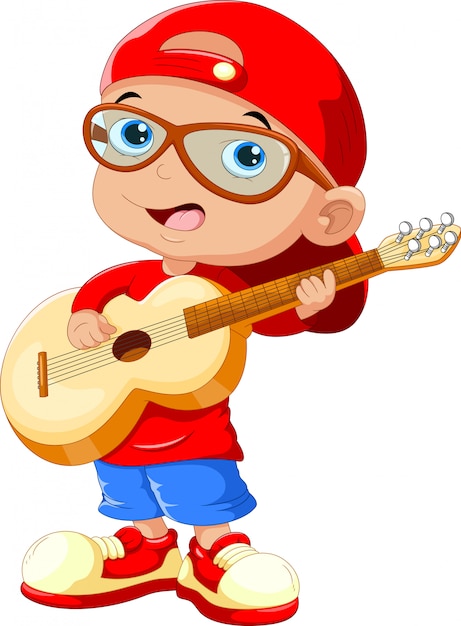 Small child wearing a red hat and sunglasses playing a guitar