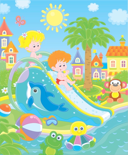 I bambini piccoli scivolano giù da uno scivolo acquatico in un parco acquatico estivo