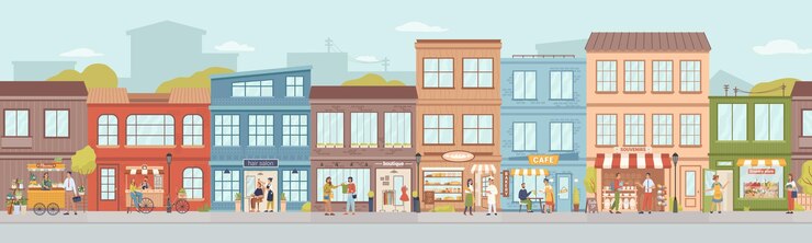 Vector 小都市の店と建物の売り手と売り手