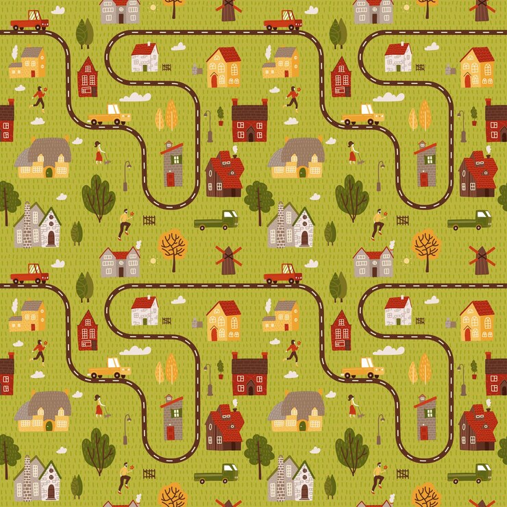 Vector small citymap seamless pattern. top view of countryside with houses roads and cars