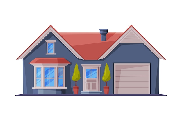 Small Cottage Facade with Garage City or Country Street Building Modern Residential House Real Estate Flat Vector Illustration