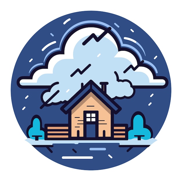 Small cozy cottage under rainy weather conditions with dark blue background house with fence trees