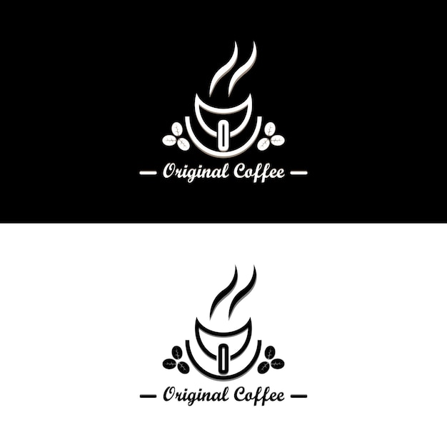 벡터 작은 컵 머그와 커피 원두는 고전적인 커피숍 로고를 위해 삼각형 모양으로 그 주위에 뿌려집니다.