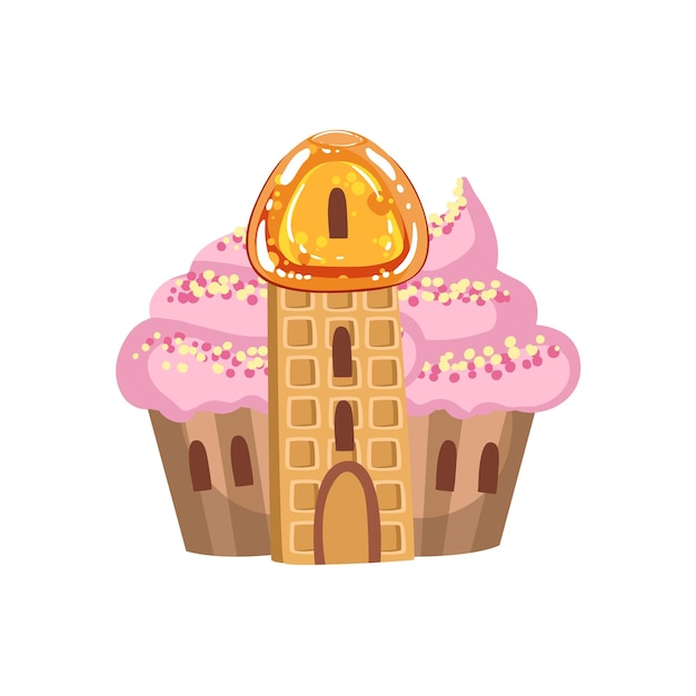 Vettore piccolo castello di cupcake con tetto color crema e torre di cialde fantasy candy land sweet landscape element