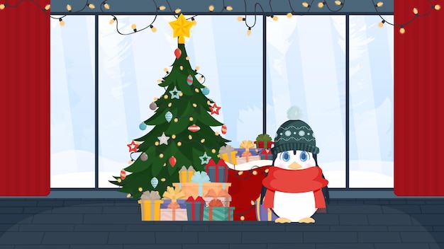 Vector a small cute penguin stands in a festive room near a christmas tree with a mountain of gifts. penguin in a winter hat and a red scarf. ready postcard or poster. vector.