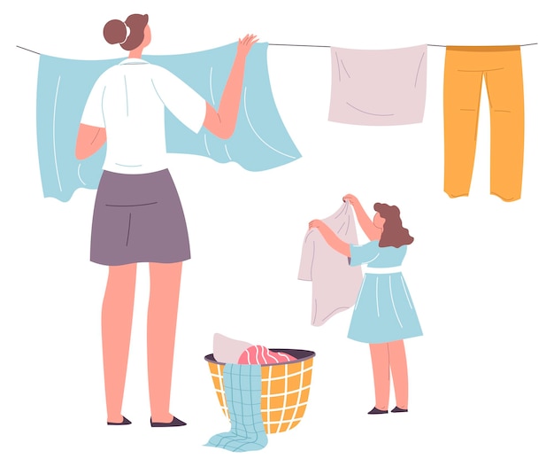 Vector small daughter helping mother with hanging washed clothes on string to dry. household chores and domestic routine, housewife with skid outside. family and simple lifestyle. vector in flat style