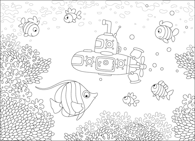 Small deepsea bathyscaphe among funny exotic fishes on a tropical coral reef in a southern sea