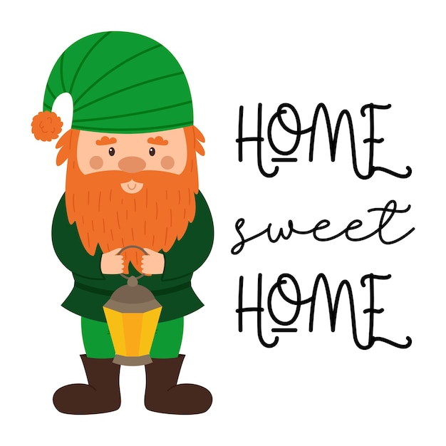 Small dwarf with holds a lantern in his hands. a postcard with small dwarf and words home sweet home