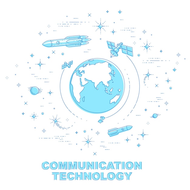 Piccola terra nello spazio infinito circondata da satelliti artificiali, stelle e altri elementi. tema della tecnologia di comunicazione globale. illustrazione vettoriale 3d a linea sottile isolata su bianco.