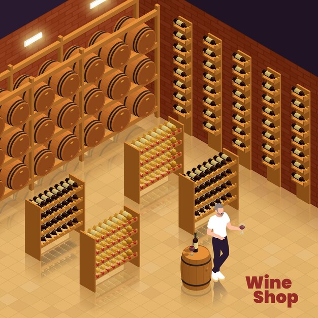 Vector small family business isometric composition with indoor view of winery showroom with shelves bottles wooden barrels vector illustration