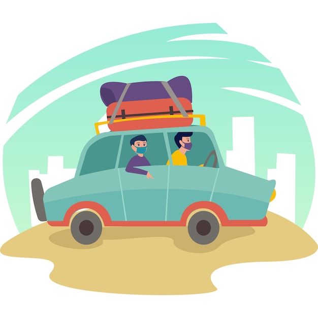 Vector small family go on travel using their own car illustration