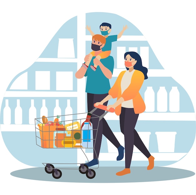 Vector small family shopping together at groceries shop illustration