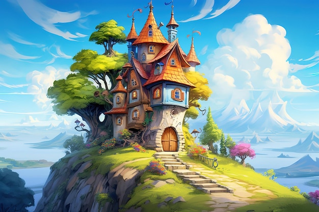 緑の丘の上にある小さな農場の城 ファンタジー背景コンセプトアート リアルなイラスト ビデオゲーム