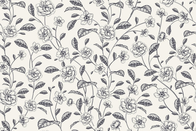 Small flowers and leaves Floral seamless pattern Abstract black flowers on white background Vintage