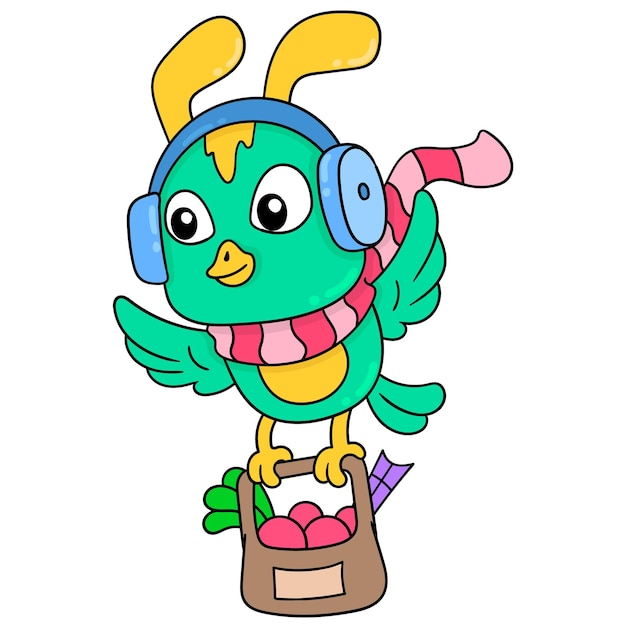 Small flying birds using headphones carrying groceries, vector illustration art. doodle icon image kawaii.