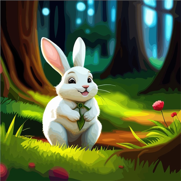 Small funny white hare or rabbit on forest glade from fairytale vector cartoon illustration on