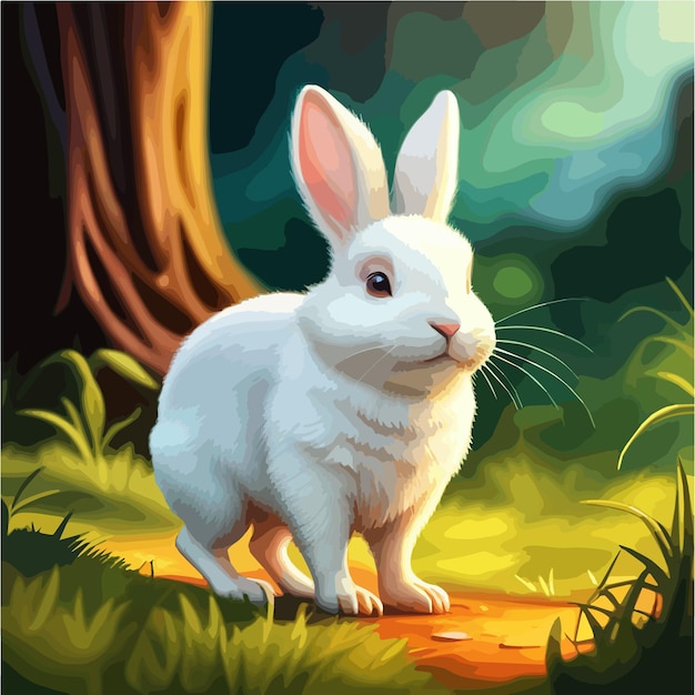 동화 벡터 만화 삽화에서 숲 사이의 빈터에 있는 작고 재미있는 흰 토끼나 토끼