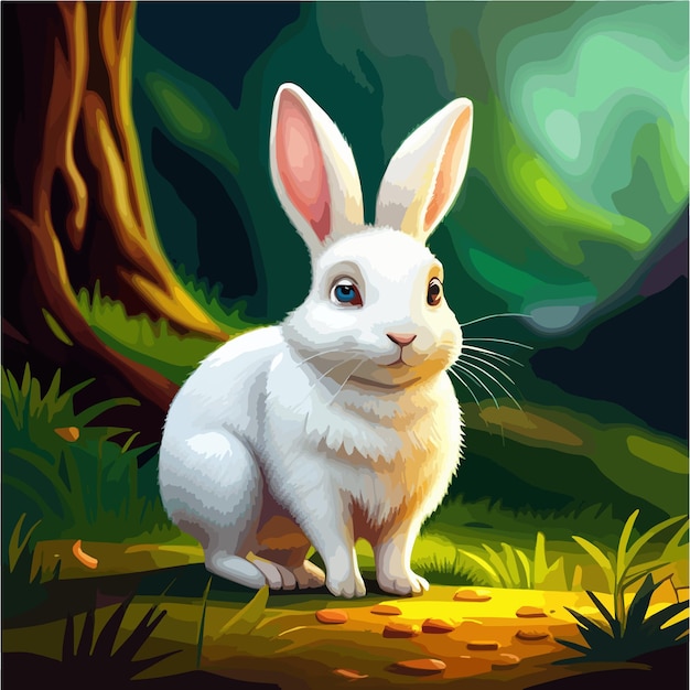 Small funny white hare or rabbit on forest glade from fairytale vector cartoon illustration on